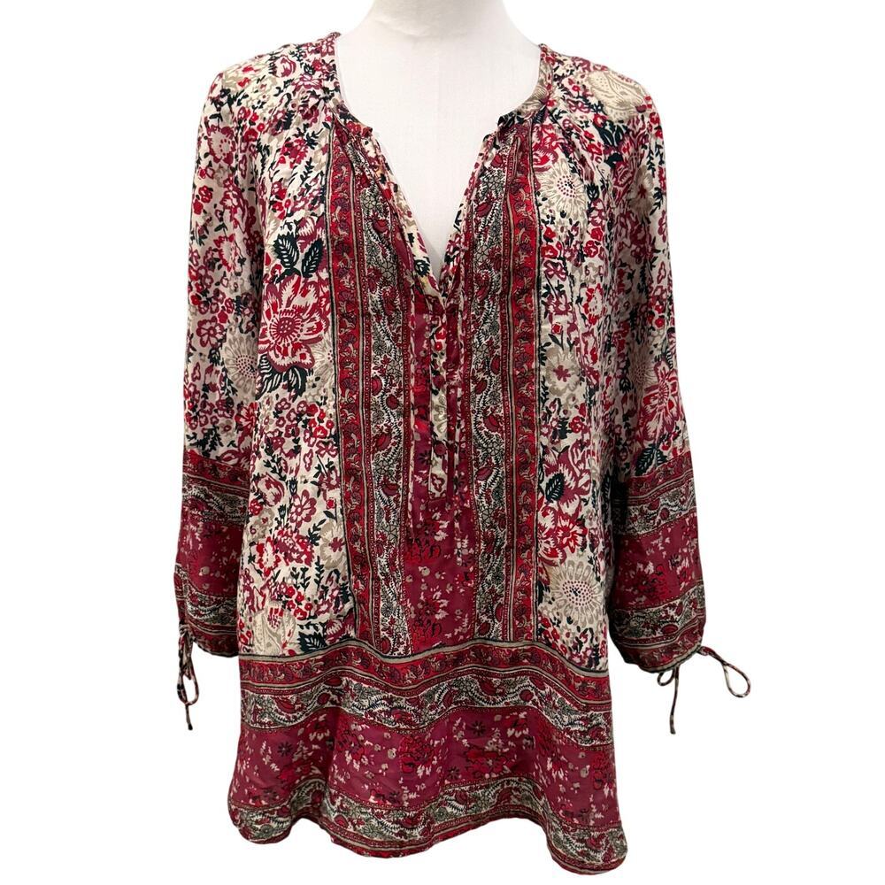 Lucky Brand Boho Red Cream Floral Tunic Top Peasant Blouse Medium Flowy Folk - Picture 2 of 9